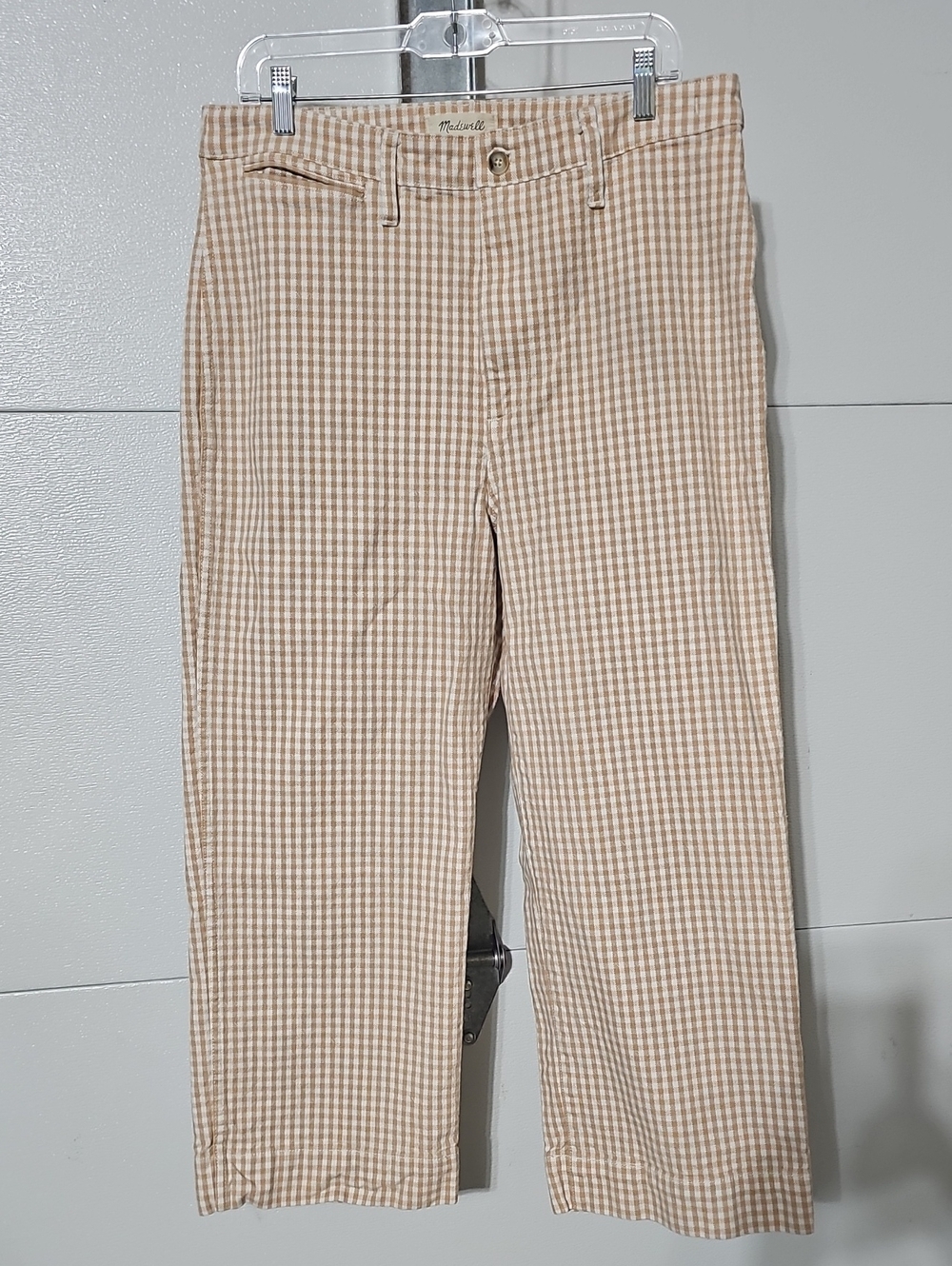 Madewell Beige Gingham Slim Emmet Wide Leg Crop Pants